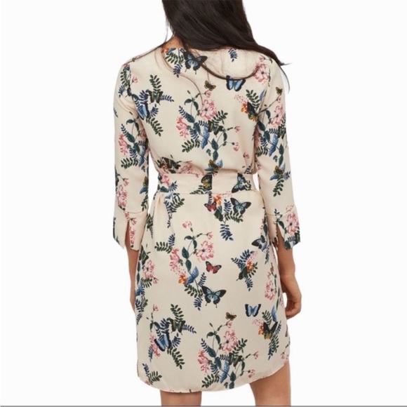 H&M Cream Blue & Pink Butterfly Floral Printed 3/4 Sleeve Belted Boatneck Dress - Picture 10 of 17